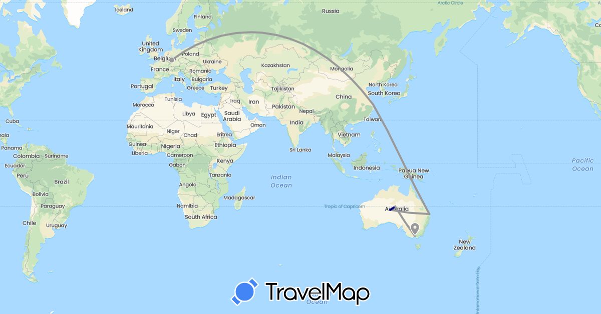 TravelMap itinerary: driving, plane in Australia, China, Germany (Asia, Europe, Oceania)